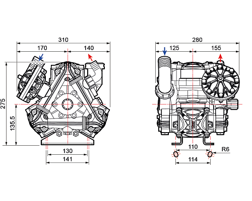 Насос мембранный Comet® серия BP135 (124 л/мин; 20 бар); вал d30 гладкий/шпонка - ВОМ 1