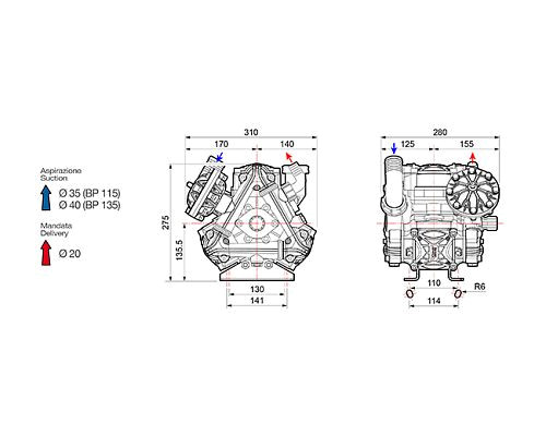 Насос мембранный Comet® серия BP135 D (124 л/мин; 20 бар); вал d20 гладкий/шпонка - ВОМ 1