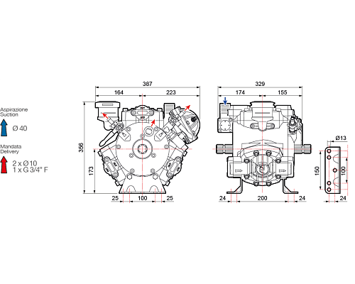 Насос мембранный Comet® серия APS 121 (115 л/мин; 50 бар); вал d 32 гладкий/шпонка - ВОМ 1” 3/8M